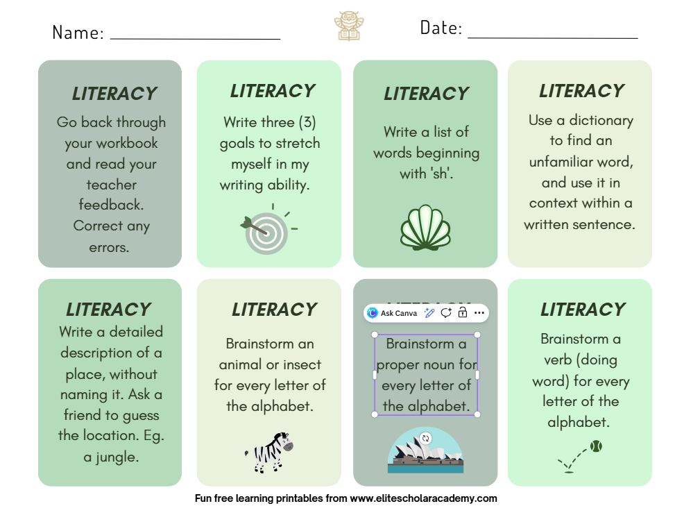 literacy worksheet - Elite Scholar Academy