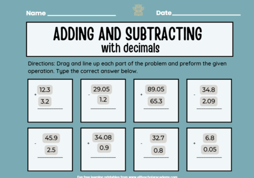 Adding and Subtracting With Decimals Worksheet