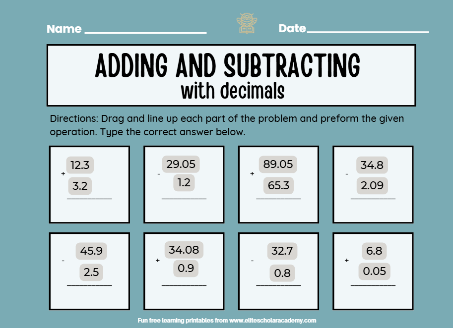 Adding and Subtracting With Decimals Worksheet