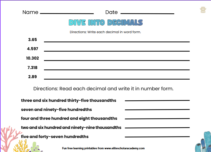Decimal Work sheet - Grade 6th by Elite Scholar Academy
